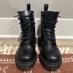 Brand New, Never Worn. Questions? Leave A Comment Below! Black Combat Boots With Reinforced Round Toe, Black Leather Grunge Boots, Classic Black Combat Boots With Round Toe, Shoes Dr Martens, Dr Martens Black, Dr Martens Shoes, Martens Shoes, Lace Boots, Dr. Martens