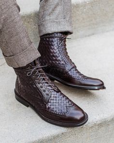 Handmade Dark Brown Woven Leather Ankle High Boot sold by TheLeatherHouse on Storenvy Gents Shoes, Male Shoes, Quality Leather Boots, Wingtip Shoes, Custom Design Shoes, Ladies Boots, High Ankle Boots, Men’s Boots, Formal Shoes