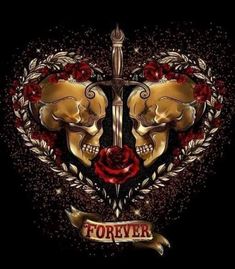 a black background with gold and red skulls, roses and two swords on top of each other