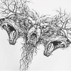 an ink drawing of two wolfs with their mouths open