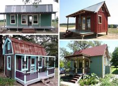 four pictures of small houses in different colors and sizes, including one with a porch