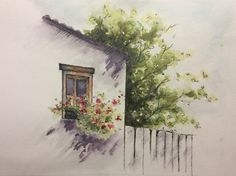 a watercolor painting of a house with flowers on the window sill and a tree