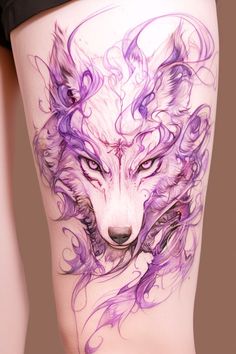 60 Uniquely Gorgeous Wolf Tattoo Ideas For Women – Refined Aesthetique Wolf Spirit Animal Tattoo, Lone Wolf Tattoo For Women, Pretty Dragon Tattoo, Feminine Wolf Tattoo Design, Wolf Tattoo Ideas For Women, Dragon Thigh Tattoo, Thigh Piece Tattoos, Wolf Tattoos For Women, Wolf Tattoo Ideas