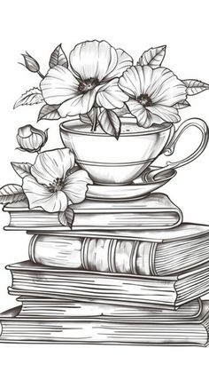 a stack of books with flowers in a tea cup on top, and an open book