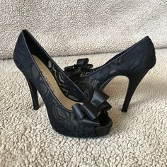 Beautiful. Like Brand New. Only Wore It 1 Time. Black Laced High Heels With Satin Bow In The Front And Peeped Toe. Black Lace Heels With Round Toe, Lace High Heels, Chinese Laundry Shoes, Chinese Laundry, Satin Bow, Black Laces, Heel Shoes, High Heel Shoes, High Heel