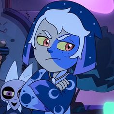 an animated character with blue hair and yellow eyes holding a small white cat in her arms