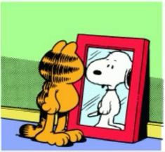 a cartoon dog looking at himself in the mirror