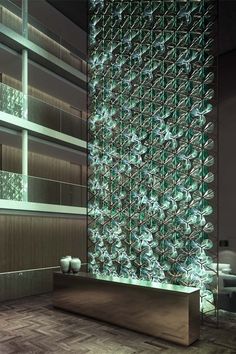 a large glass wall in the middle of a room