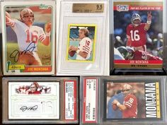 several football cards are on display in plastic cases, including one for joe montana and the other for joe montana