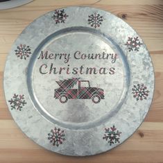 a metal plate with the words merry country christmas on it