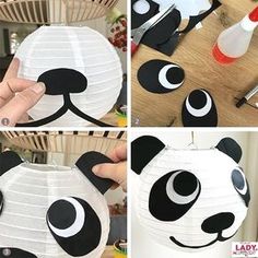 four pictures of panda paper lanterns being made