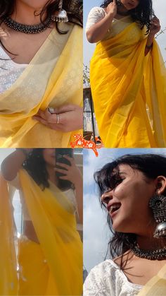 four different pictures of woman in yellow sari and white blouse with silver necklaces