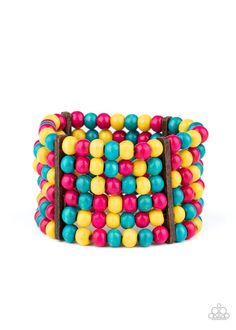 Held together with rectangular wooden fittings, strands of vivacious pink, yellow, and blue wooden beads are threaded along stretchy bands that layer around the wrist into one colorful stretch bracelet. At only $5.00, Paparazzi Jewelry is the perfect accessory for all your outfits. Multicolor Bracelet, Wood Bead Bracelet, Easy Jewelry, Wooden Bracelet, Wood Bracelet, Paparazzi Accessories, Yellow And Blue, Paparazzi Jewelry, Colorful Bracelets