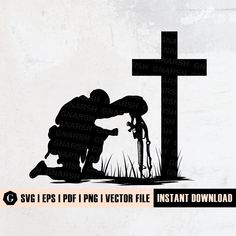 a man kneeling down next to a cross on top of a grass covered field with the words svg eps i png