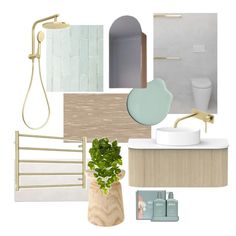 a bathroom design board with neutrals and greens in shades of blue, green, beige, and white