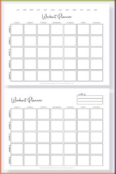 the printable workout planner is shown in two different colors