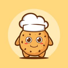 a cookie with a chef's hat on its head is standing in front of a yellow background