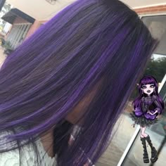 Black Blonde Purple Hair, Purple Partial Highlights, Black And Purple Chunky Highlights, Violet Hair Ideas, Dark Purple Hair Streaks, Dark Purple With Light Purple Highlights, Elissabat Hair, Skunk Hair Purple, Purple Hair With Black Highlights