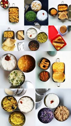 several pictures of different food items in bowls and pans on a white table top