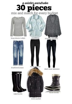 Do you have a basic winter wardrobe? We created a stylish and budget friendly 30 piece winter wardrobe you will love. Each piece will mix, match, and layer beautifully to create endless outfit possibilities. Basic Winter Wardrobe, 10 Piece Capsule Wardrobe, Winter Capsule, Minimalist Capsule Wardrobe, Winter Capsule Wardrobe, Fall Capsule Wardrobe, Fashion Capsule, Minimalist Wardrobe, Black Skinnies