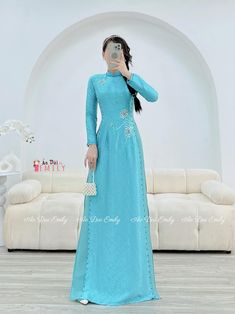 🌸 Material: Lụa gấm. This set includes: 1 ao dai top and 1 pants Stretchy level: 2/10 🌸 The measurement of this ao dai is in Vietnamese size. American size tends to be bigger for the same size. Please look at the SIZE CHART CAREFULLY before ORDERING. There might have some chalk writings on the fabric, these marks can be washed away. 🌸 No returns or exchanges. Buyer can contact seller about any issues with an order. 🌸 Follow us Facebook/aodaiemily www.aodaiemily.com 💜 Thank you very much💜 Embroidered Long Sleeve Ao Dai For Party, Elegant Long Sleeve Ao Dai For Eid, Long Sleeve Ao Dai For Eid Wedding, Long Sleeve Ao Dai For Wedding Eid Festival, Elegant Fitted Ao Dai For Eid, Festive Long Sleeve Ao Dai For Eid, Festive Full-length Elegant Ao Dai, Elegant Full-length Festive Ao Dai, Elegant Festive Full-length Ao Dai