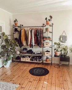 a room with wooden floors and shelves filled with clothing, shoes and plants on the wall