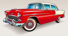 an old red and white car is shown in this cartoon style drawing, it appears to be from the 1950's or early 1960s's