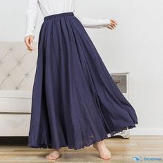 Orcajump - Artistic Cotton and Linen Maxi Skirt: Solid-Colored with Elastic Waist and Flared Design Linen Maxi Skirt, A Line Skirt, A Line Skirts, Maxi Skirt, Elastic Waist, A Line, Navy Blue, Solid Color, Elastic