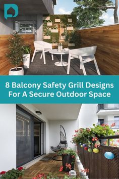 an outdoor patio with chairs and tables on it, the text reads 8 balcony safety grill designs for a secure outdoor space