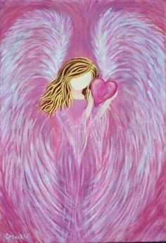 a painting of a girl holding a heart in her hands with angel wings on it