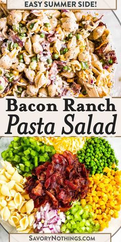 bacon ranch pasta salad in a glass bowl