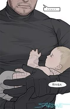 a drawing of a man holding a baby in his arms with the caption above it