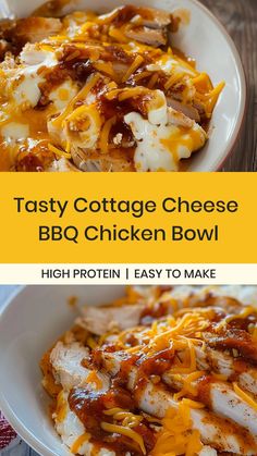 tasty cottage cheese bbq chicken bowl recipe on a white plate with text overlay