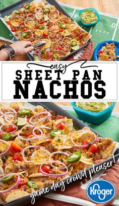 an easy sheet pan nachos recipe with onions and peppers