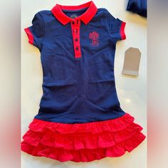 Just Dads Girls 3t Polo Style Navy With Red Trim Dress Red Short Sleeve School Dress, Red Ruffled Dress For Playwear, Dress With Ruffles, Trim Dress, Polo Style, Style Dress, Kids' Dresses, Ruffles, Casual Dresses