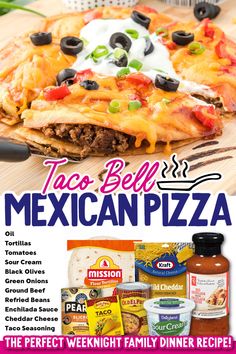 an advertisement for taco bell's mexican pizza on a cutting board with ingredients