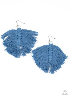 Rustic blue threaded tassels knot into a leaf-shaped frame, creating a colorful macramé inspired fringe. Earring attaches to a standard fishhook fitting. Sold as one pair of earrings. P5SE-BLXX-240XX Blue Tassel Earrings, Paparazzi Accessories Jewelry, Fringe Earring, Rustic Blue, Blue Tassel, Paparazzi Accessories, Paparazzi Jewelry, Fringe Earrings, Matching Necklaces