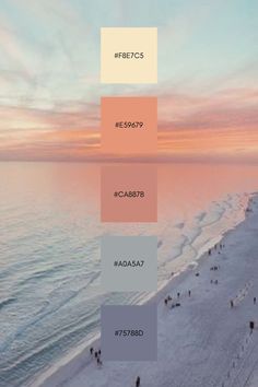 an aerial view of the beach with people walking on it and colors in the sky