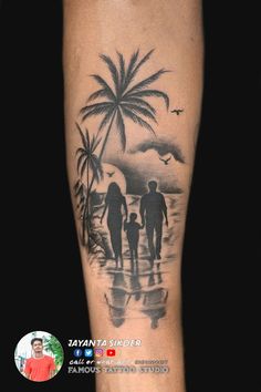 a man with a family tattoo on his arm and leg is standing in the water