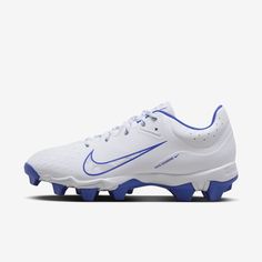 a white and blue nike cleat shoe with the word, nike on it