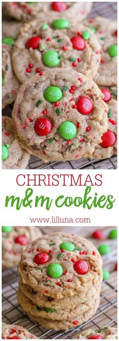 christmas m & m cookies with green and red candies on the top, and white chocolate