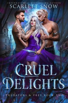 the cover for cruel delights, featuring two men and a woman in purple dresses