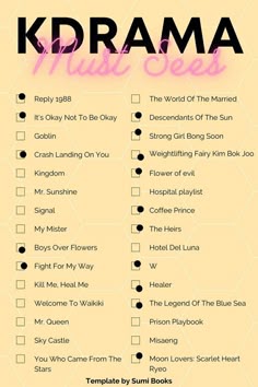 the kdrama music checklist is shown in pink and black, with an orange background