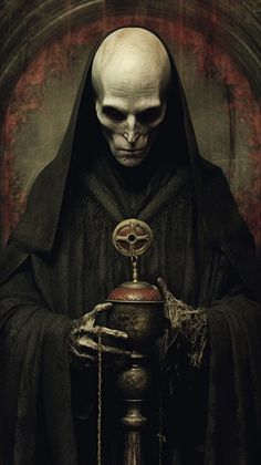 a skeleton dressed in black holding a caulder and looking at the camera with evil eyes