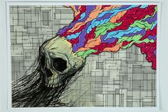 a drawing of a human skull with long hair and multicolored lines on it