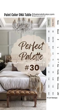 a white bed sitting under a chandelier next to a wall with the words perfect palette on it