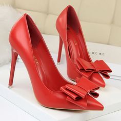 Black Classic Pumps PU Leather Bow-knot Heels Bow High Heels, Office Shoes Women, Basic Heels, White High Heels, Women Heels, Womens Stilettos, Pointed Heels, Stiletto Shoes, Bow Shoes