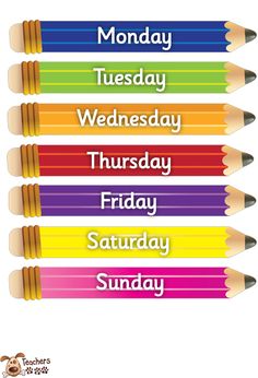 four pencils with the words monday, wednesday and friday written in different colors on them