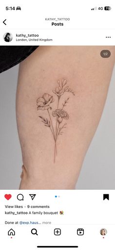 a small flower tattoo on the thigh