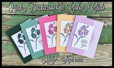 five cards with flowers on them and the words pink roses in color